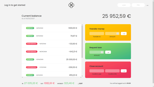 Minimalist banking app, white background with green, yellow, and red interface to complete financial transations.