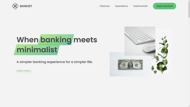 Landing page for a minimalist-themed bank
