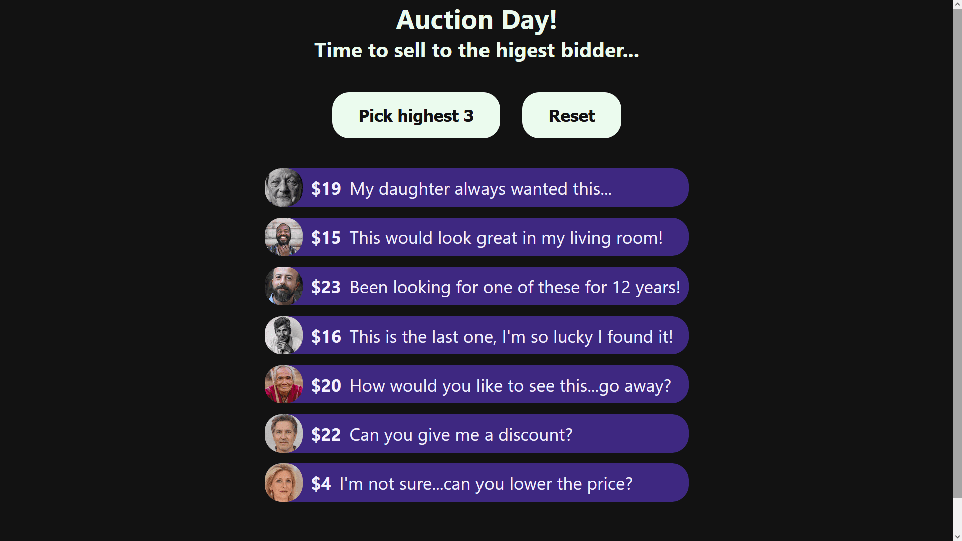 Small demo app that sorts bids and picks the three highest