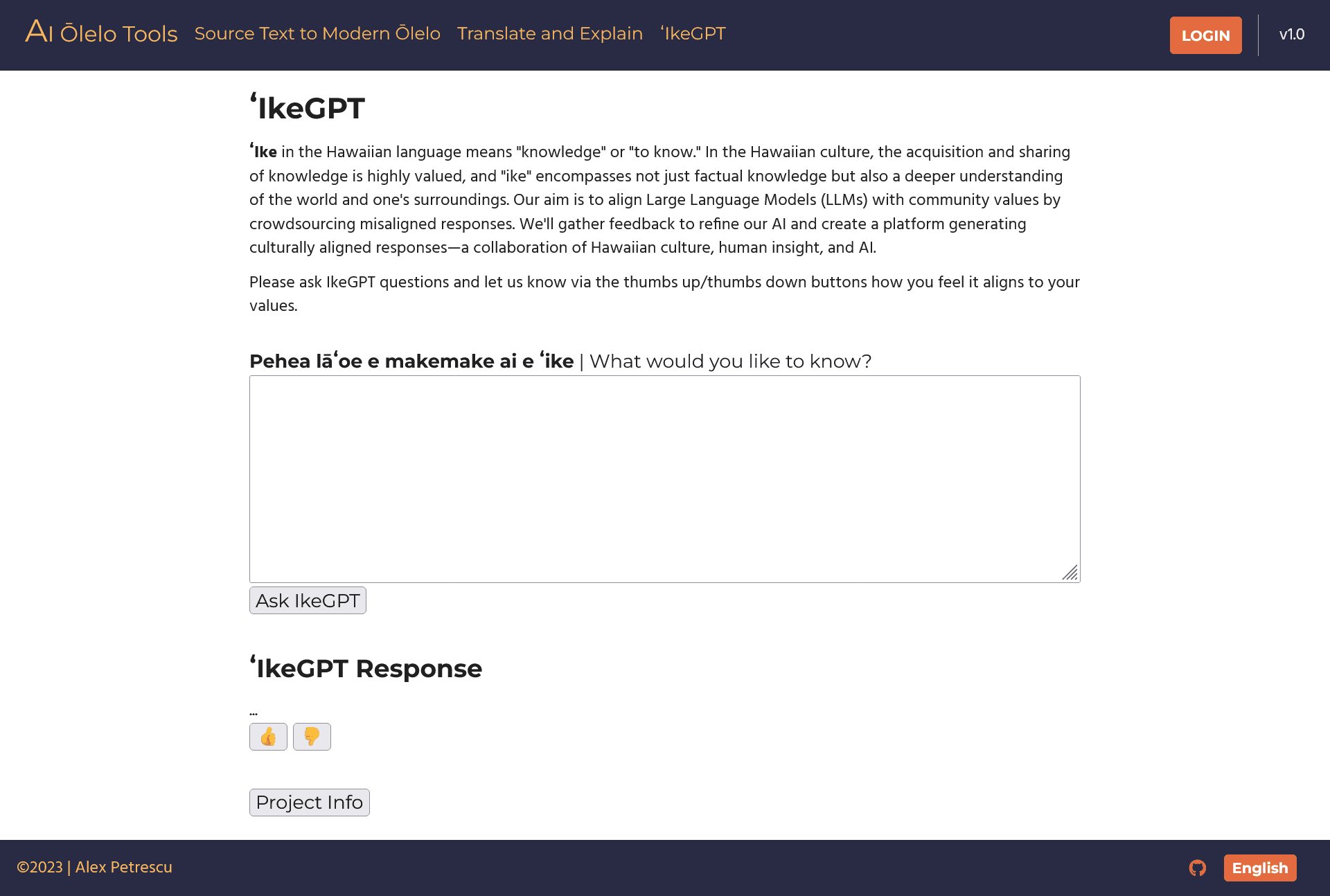 Web page for Olelotools IkeGPT Hawaiian culturally-aligned chatbot