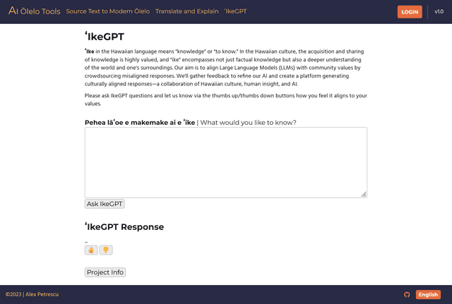 Web page for Olelotools IkeGPT Hawaiian culturally-aligned chatbot