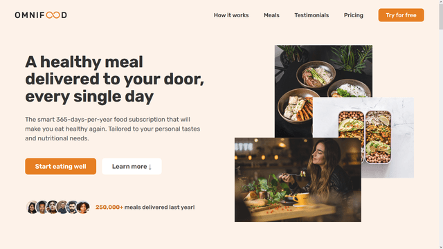 Home page for a fictional AI-powered food delivery service