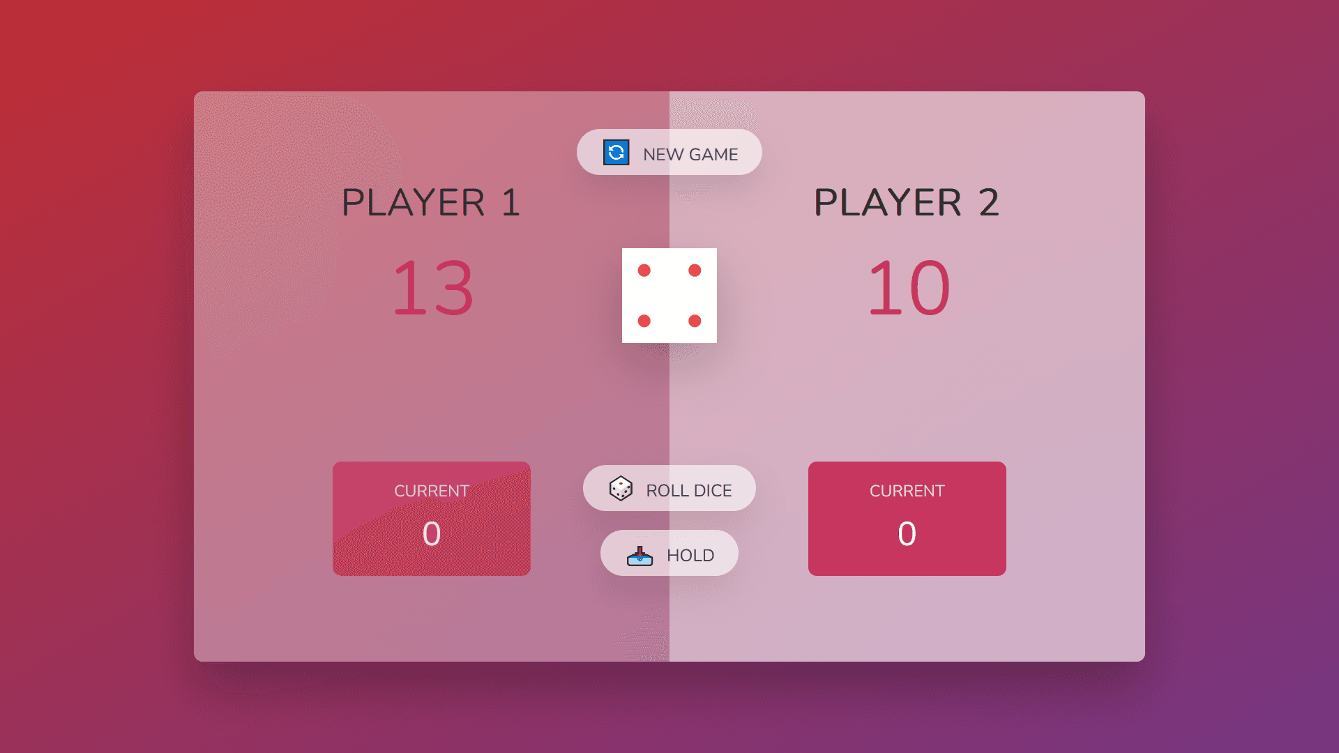 Dice rolling game, styled in pink and red, first player to 100 wins.