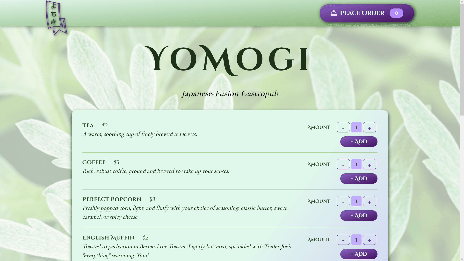 A bright, colorful green and purple food order app